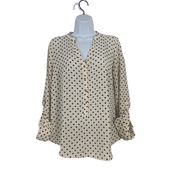 LC Lauren Conrad Tops - LC Lauren Conrad Button-Front Beige & Black Polka Dot Blouse Rolled Cuffs Medium